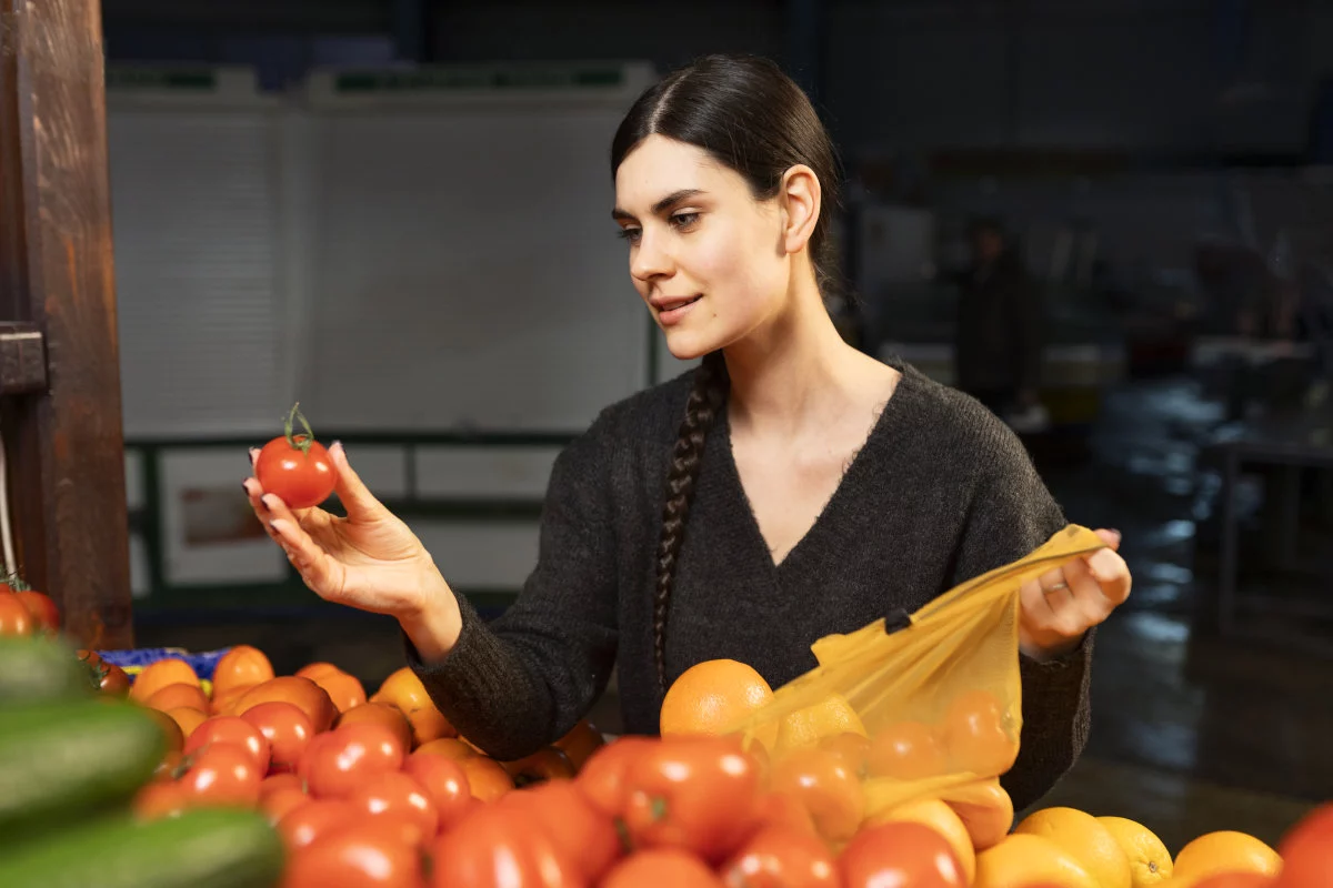 Una donna esamina un pomodoro rosso che tiene in mano, mentre davanti a lei si trova una vasta esposizione di ortaggi freschi e tiene una borsa gialla.