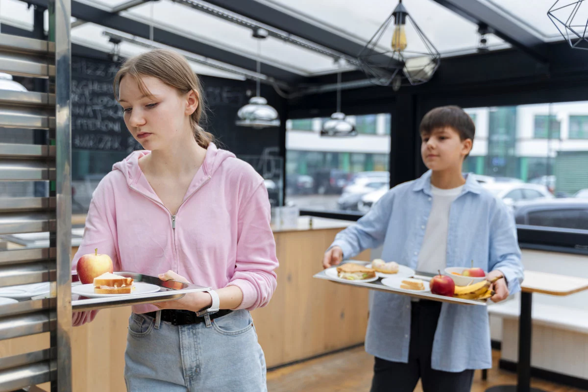 Una ragazza e un ragazzo stanno prendendo e portando vassoi con pasti e frutta in una mensa moderna.