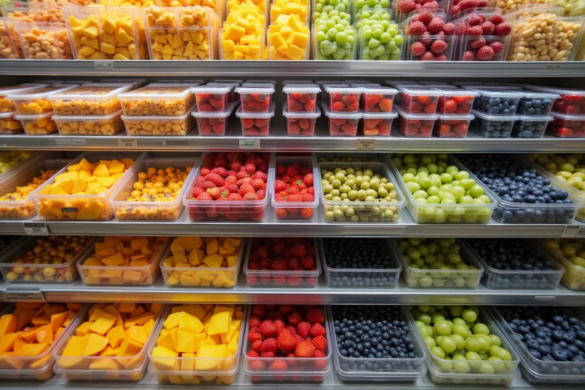 Limmagine mostra scaffali pieni di contenitori trasparenti con frutta fresca assortita, tra cui mango a cubetti, fragole, uva verde e mirtilli.