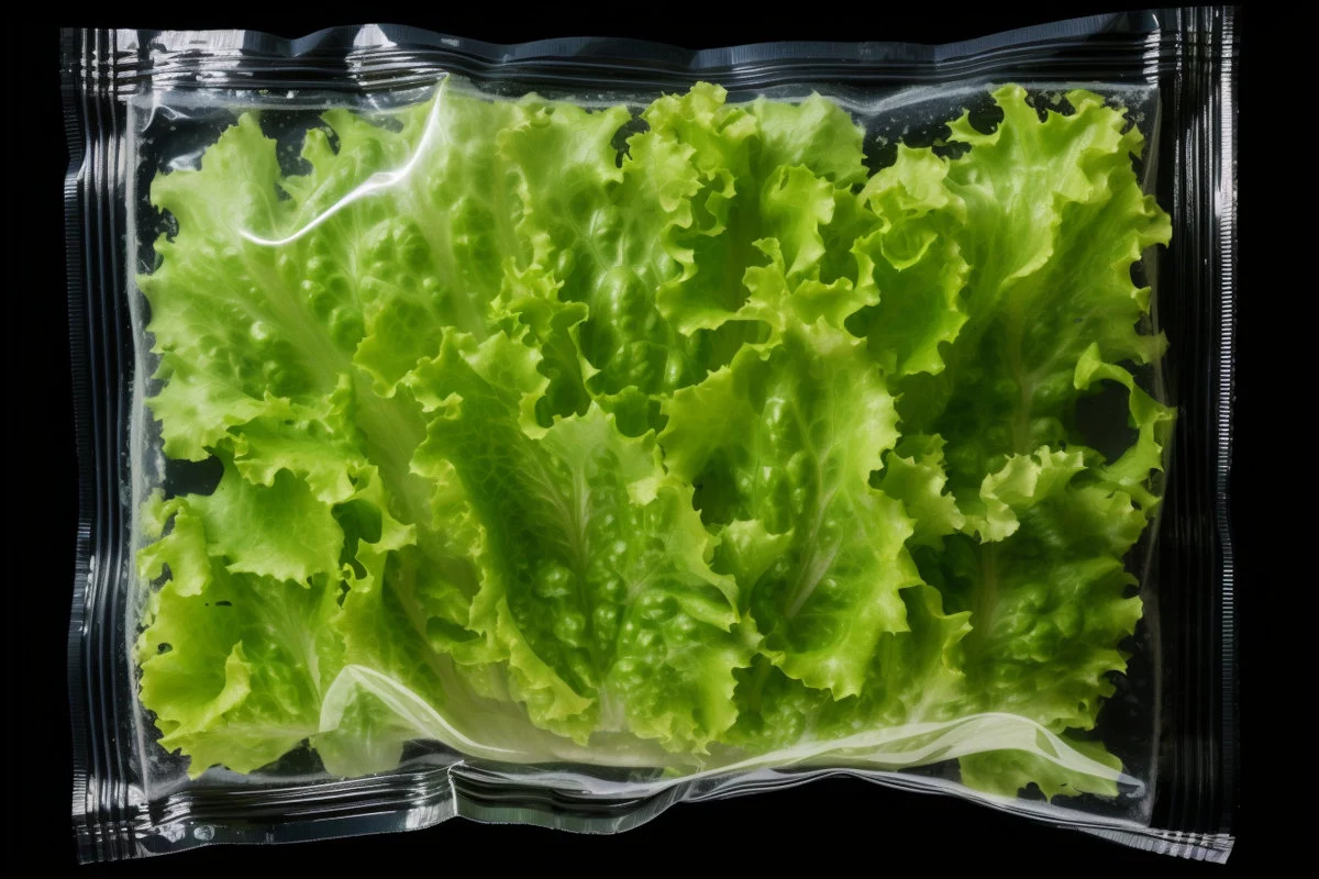 Foglie di lattuga verde brillante e fresca sono confezionate in un sacchetto di plastica trasparente su sfondo scuro.