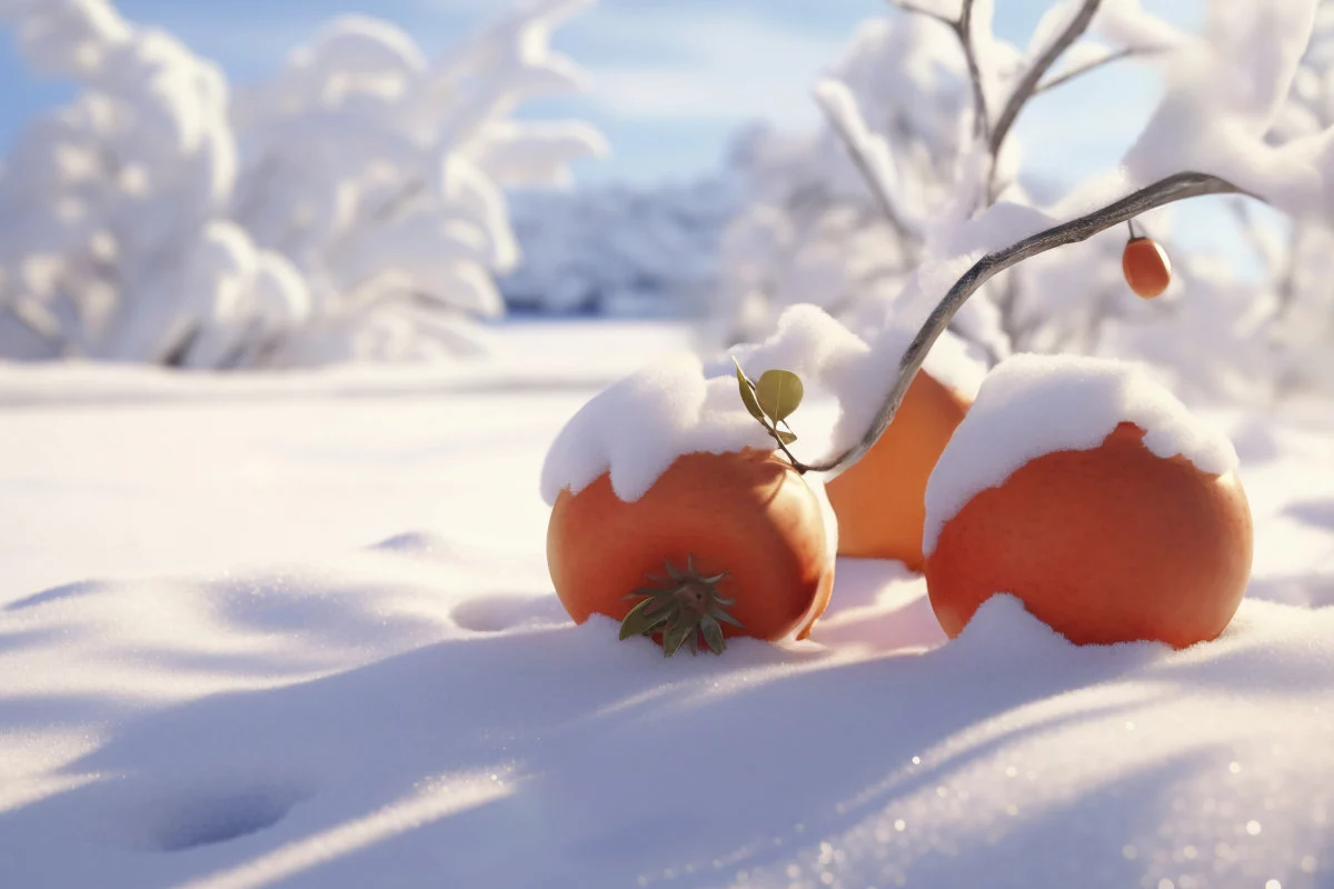 La neve ricopre il terreno e gli alberi in un paesaggio invernale dove frutti arancioni giacciono sulla neve e pendono da un ramo.