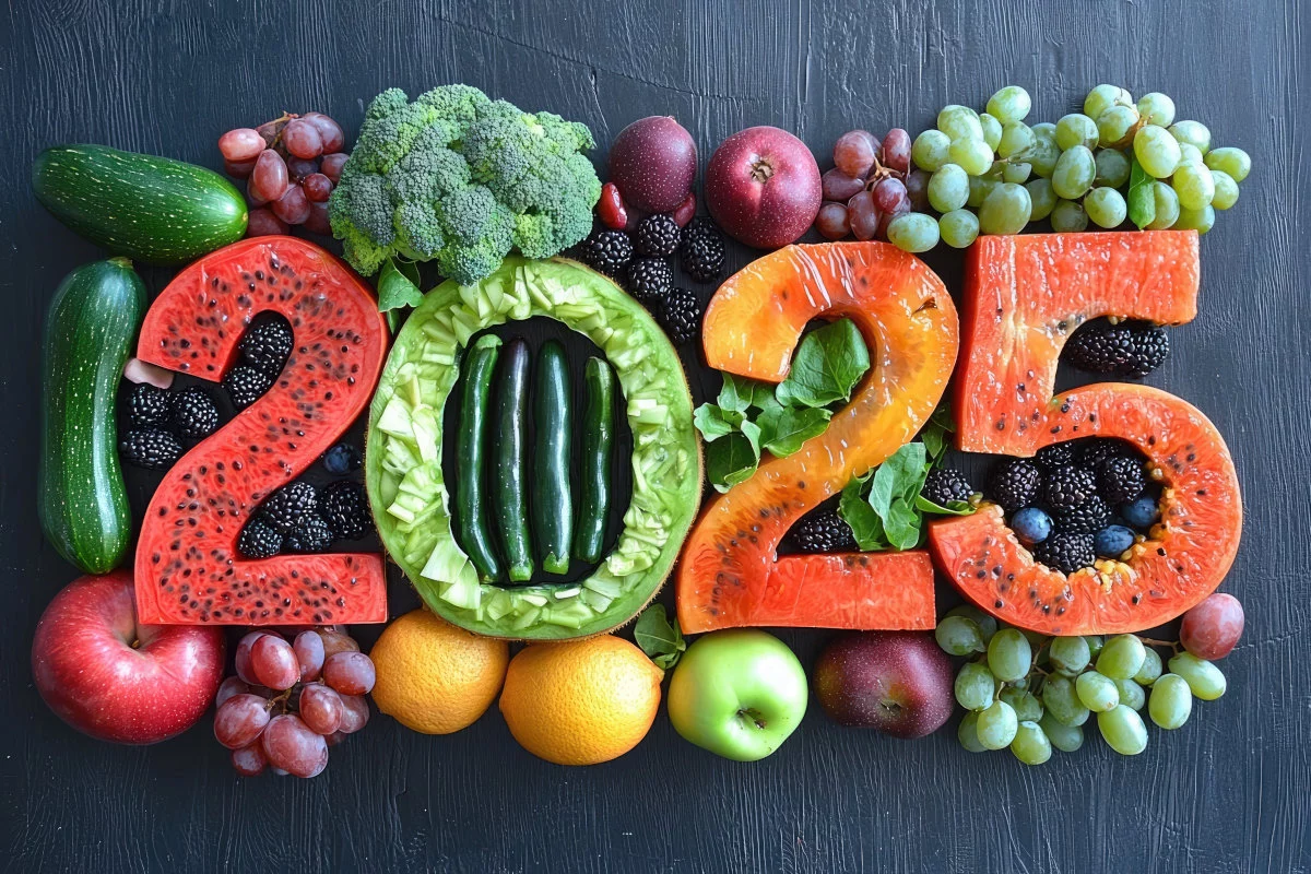 Vari tipi di frutta e verdura fresca e colorata formano il numero duemilaventicinque su uno sfondo scuro.