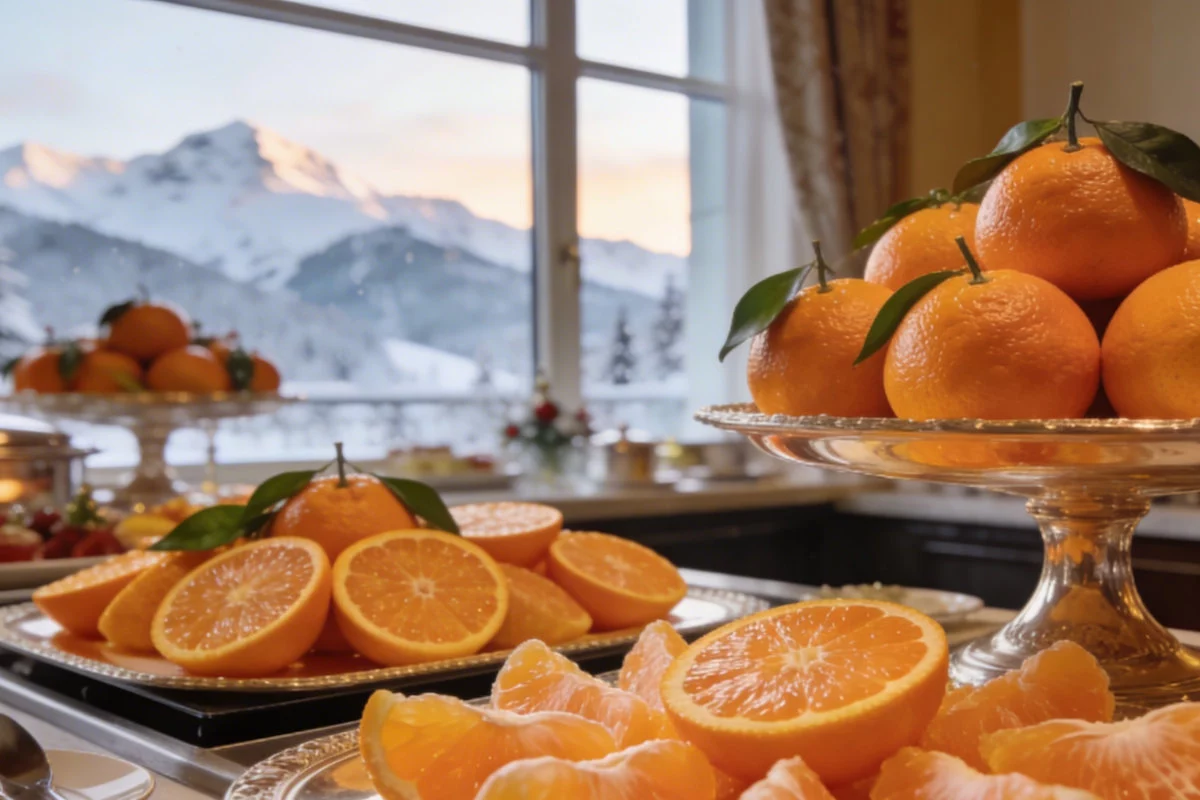 Mandarini freschi, interi e aperti, sono disposti su eleganti vassoi in primo piano con una vista su maestose montagne innevate attraverso una grande finestra.