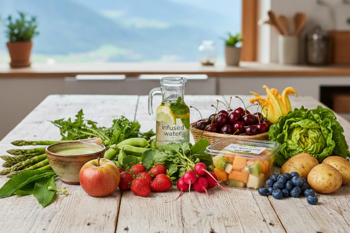 Un tavolo di legno è imbandito con una ricca varietà di frutta e verdura fresca, tra cui asparagi, fave, ravanelli, lattuga, patate, mele, fragole, ciliegie e mirtilli, insieme a una brocca di acqua infusa e una ciotola di crema verde, il tutto in una cucina con vista sulle montagne.