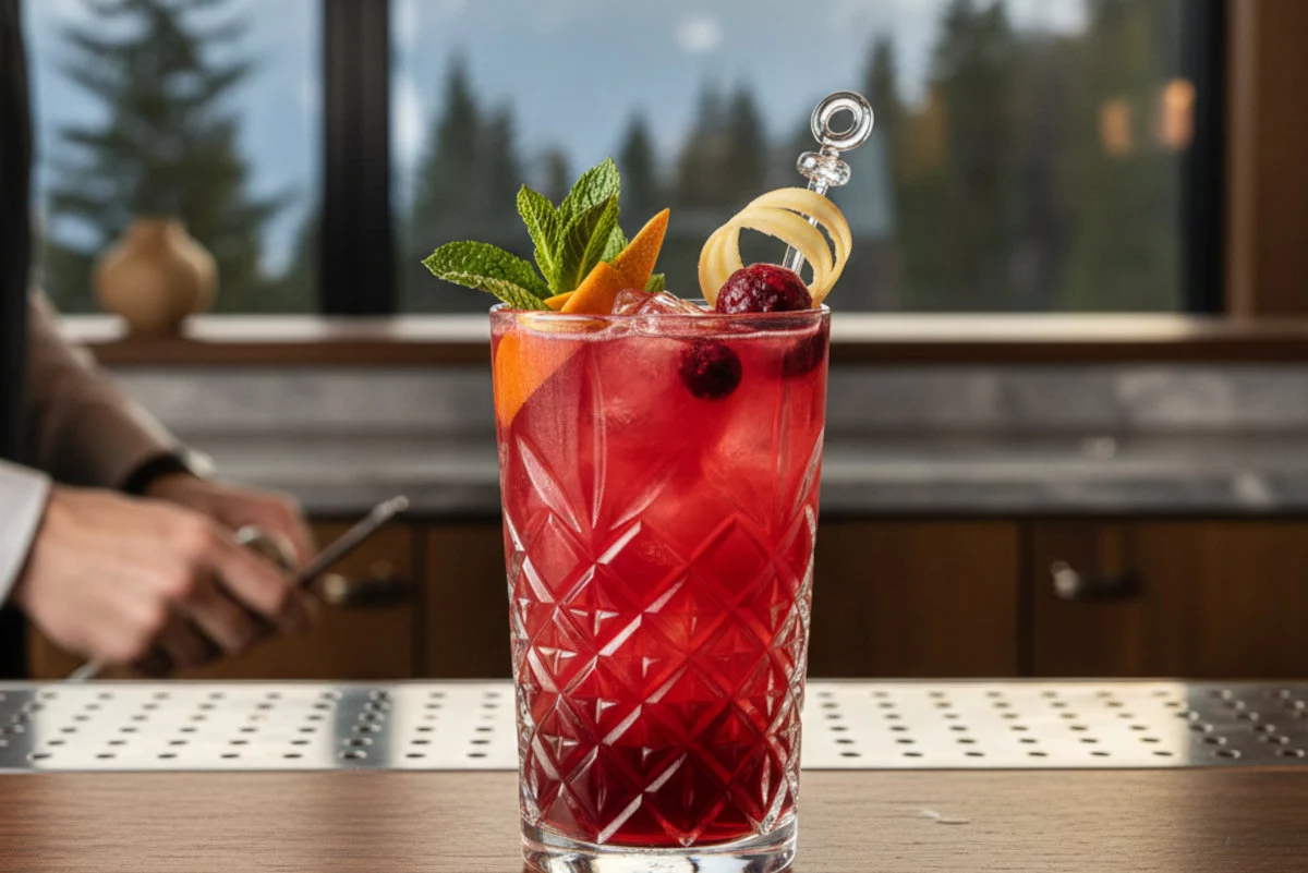Un vivace cocktail rosso, guarnito con frutta e menta, poggia su un bancone di legno con un barista che lavora sullo sfondo sfocato e una finestra che mostra alberi.