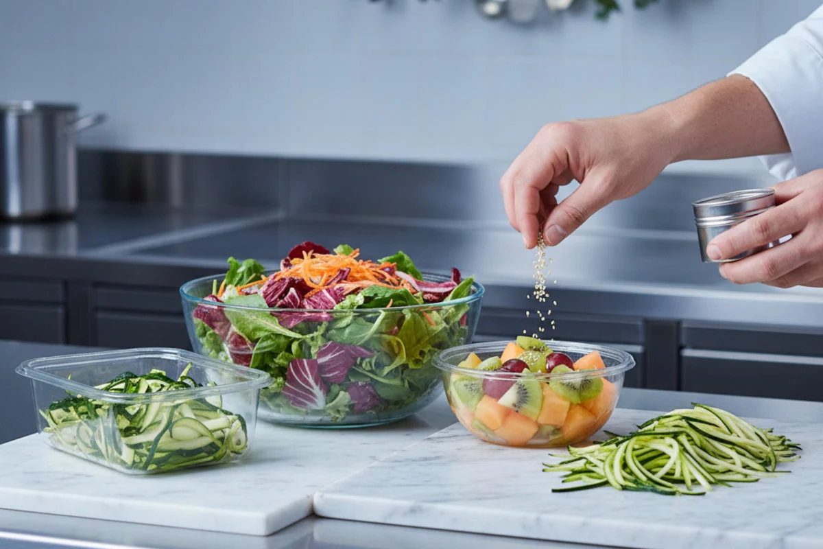 Una mano sparge semi di sesamo su una macedonia di frutta, accanto a una grande ciotola di insalata mista e zucchine preparate su un piano di lavoro in cucina.