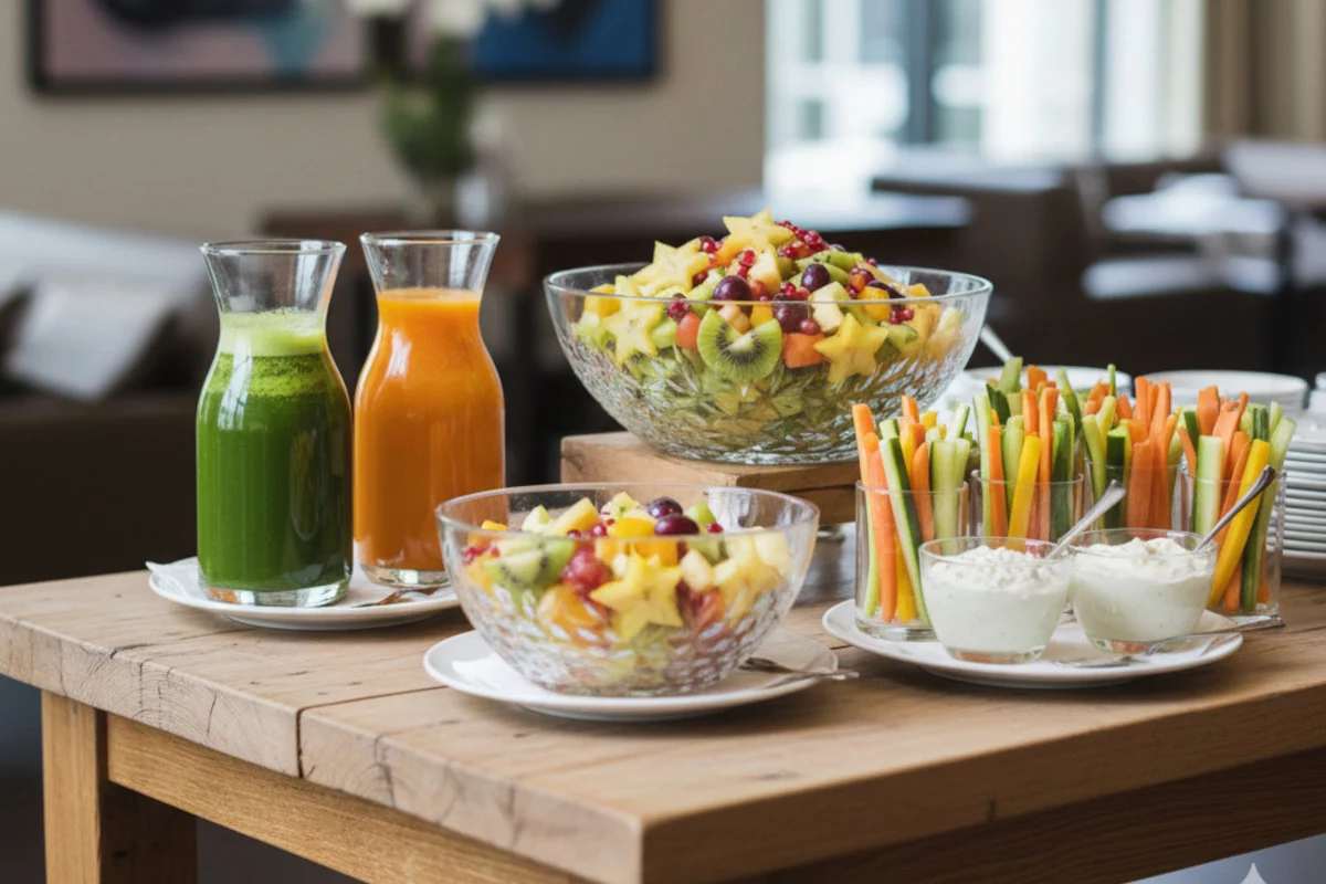 Un tavolo di legno espone succhi freschi, ciotole di insalata di frutta e bastoncini di verdura con salse.