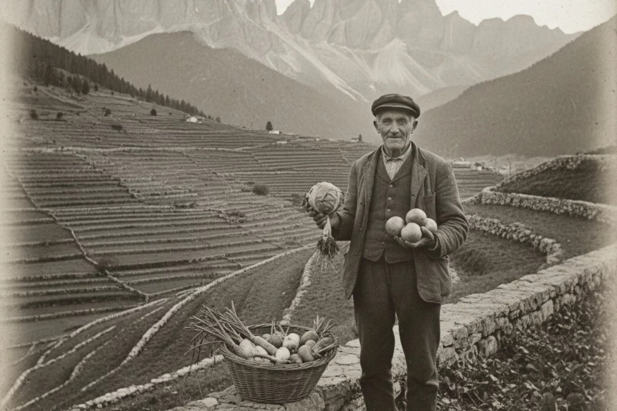 Un anziano contadino sorridente mostra un cavolo e diversi ortaggi rotondi con un cesto pieno di verdure a radice accanto a lui, davanti a campi terrazzati che si estendono verso montagne lontane.