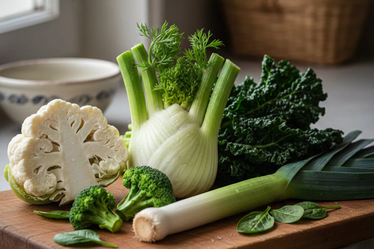 Un assortimento di verdure fresche come cavolfiore, finocchio, broccoli, cavolo riccio, porro e spinaci è disposto su un tagliere di legno.