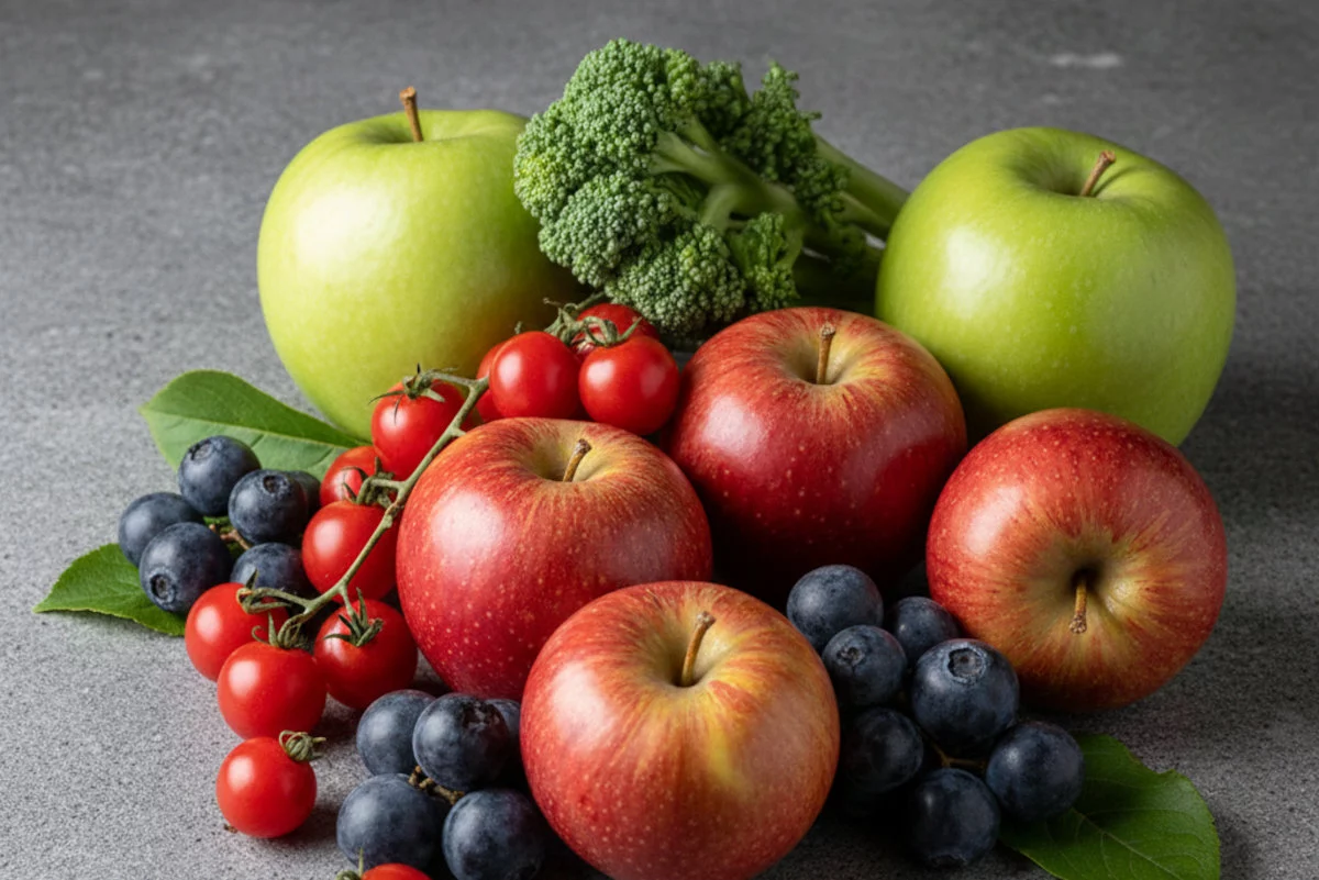 Limmagine mostra un assortimento di frutta e verdura, inclusi mirtilli, pomodorini ciliegino, broccoli, mele rosse e mele verdi.