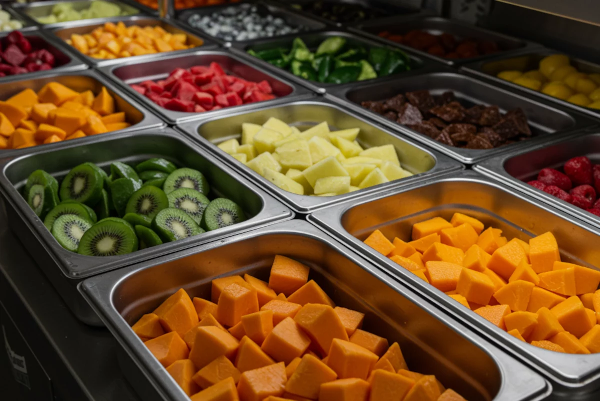 Limmagine mostra numerosi vassoi metallici riempiti con unampia varietà di frutta e verdura fresca a cubetti, pronti per essere serviti in un buffet.