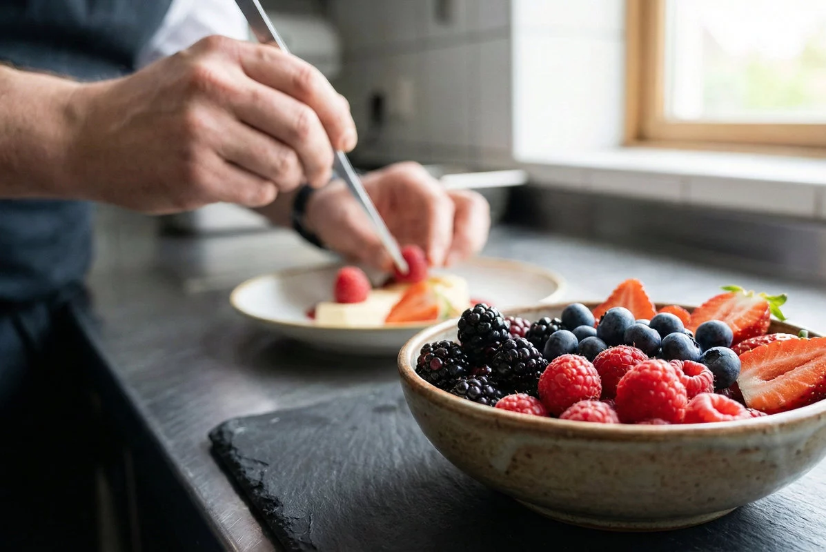 Le mani di una persona stanno decorando un dolce su un piatto con un lampone, mentre in primo piano una ciotola colma di more, mirtilli, lamponi e fragole si trova su un bancone da cucina.