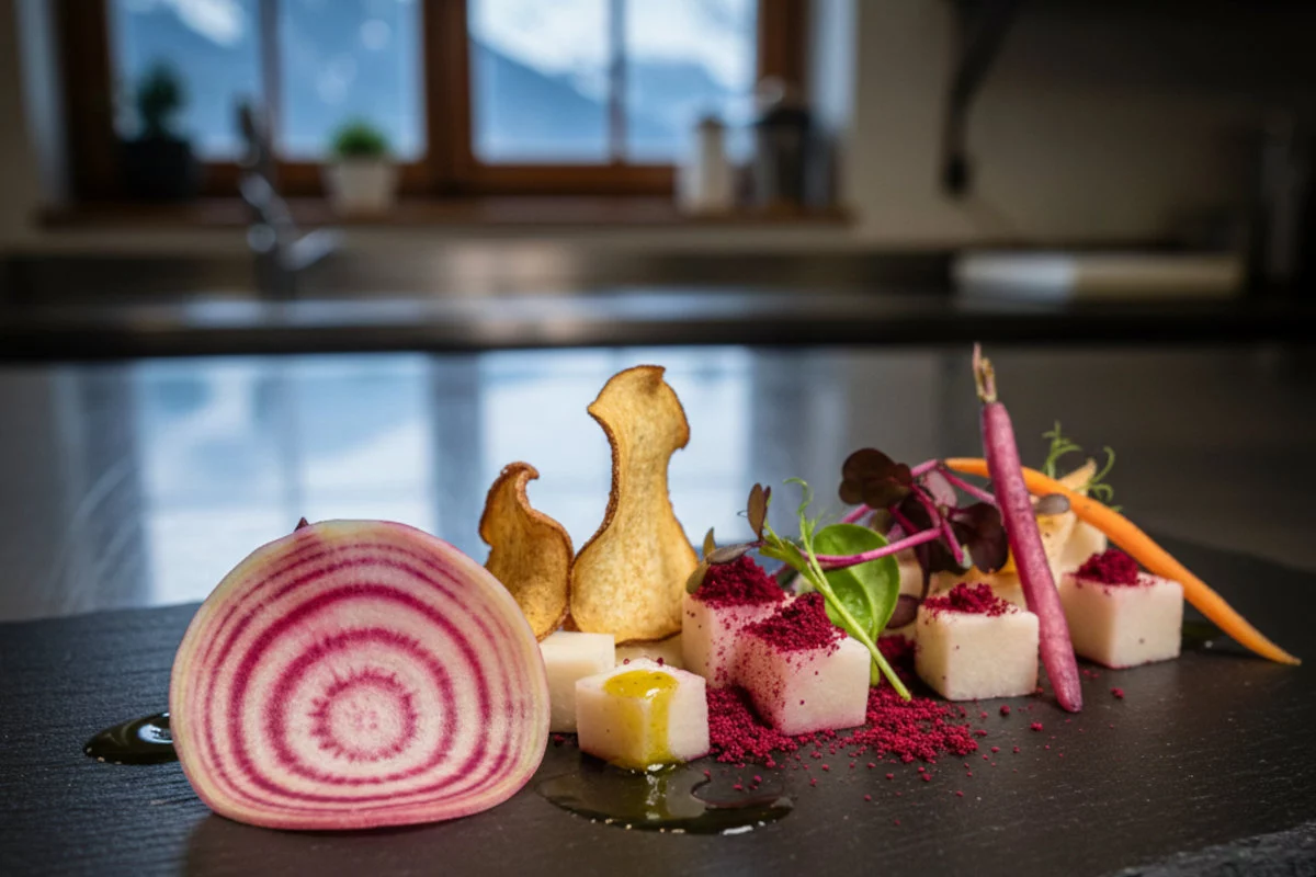 Su un piatto di ardesia è elegantemente presentata una fetta di barbabietola striata, cubetti bianchi con polvere rossa, sfoglie dorate, germogli verdi e bastoncini di carota, con una cucina e una finestra su un paesaggio montano sfocato sullo sfondo.