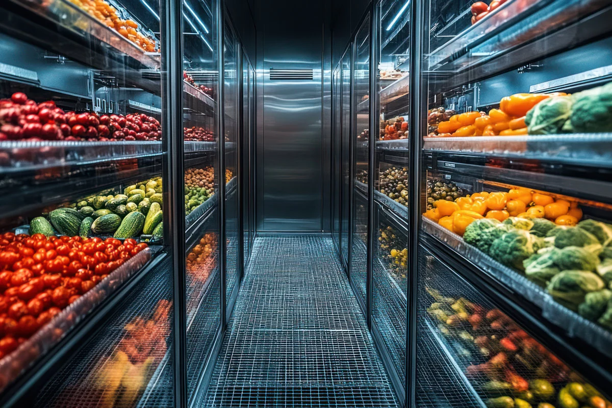 Limmagine mostra un lungo corridoio fiancheggiato da refrigeratori a vetrina pieni di unampia varietà di frutta e verdura fresca.