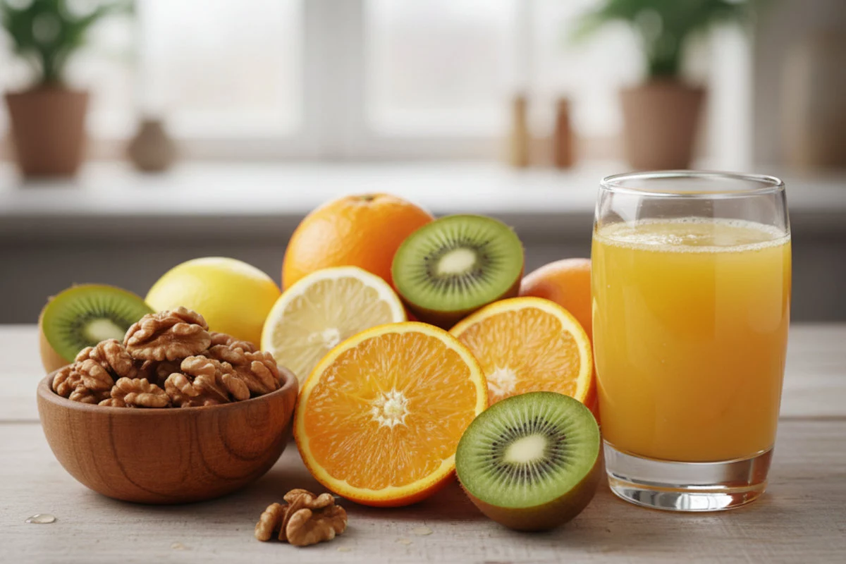 Sul tavolo sono disposti arance, limoni, kiwi, noci e un bicchiere di succo darancia.